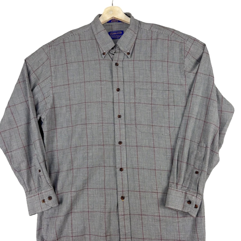 Pendleton Shirt Mens Large Gray Red Plaid Canterbury Cloth Wool Cotton Blend